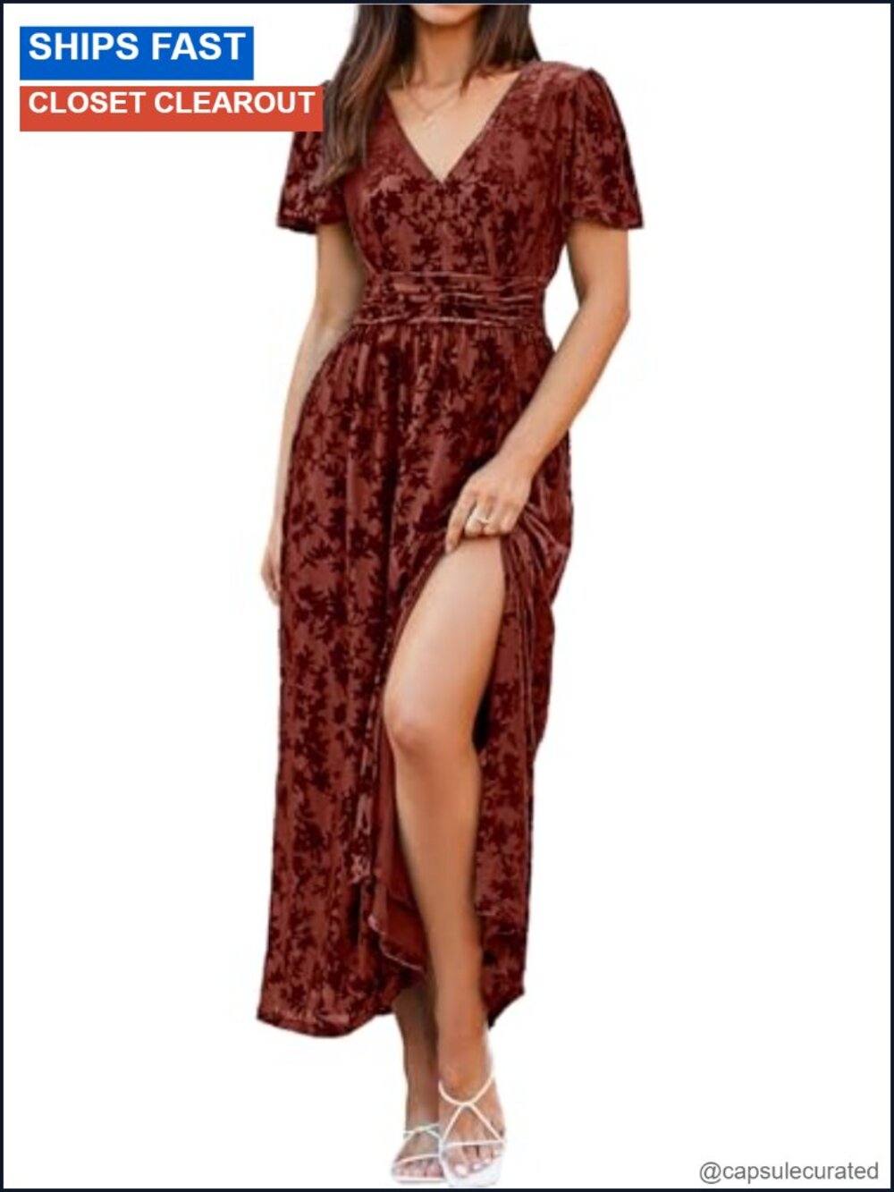 Velvet Empire Waist Maxi Dress V Neck Short Sleeve Formal